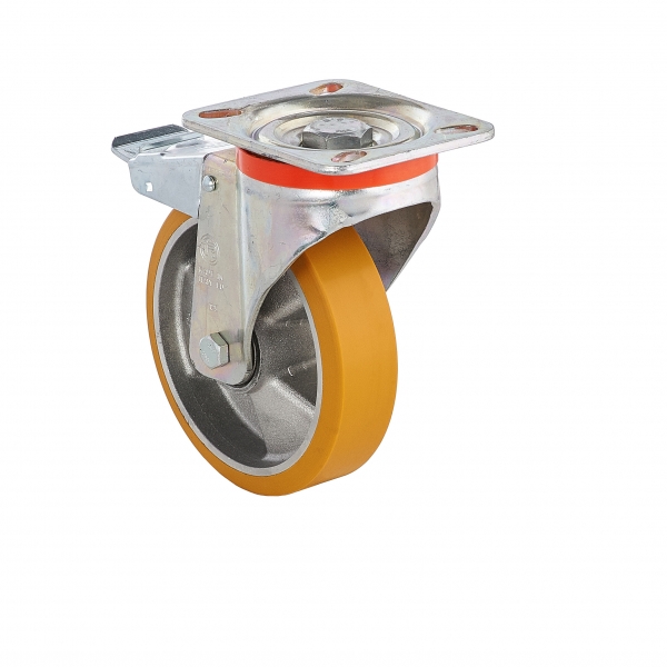 Колесо Tellure Rota 656602 большегрузное поворотное с тормозом, диаметр 100мм, грузоподъемность 250кг, полиуретан TR, алюминий