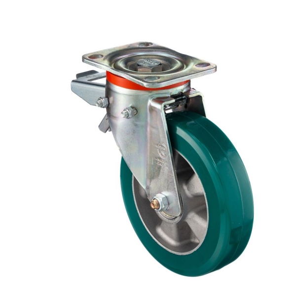 Колесо Tellure Rota 627206 большегрузное поворотное с задним тормозом, диаметр 200мм, грузоподъемность 700кг, полиуретан TR- ROLL, алюминий