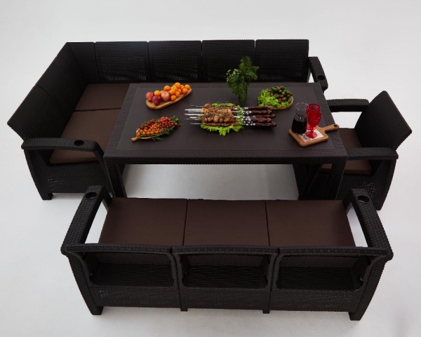 Комплект садовой мебели из ротанга Set 5+3+1+обеденный стол 160х95, с комплектом бежевых подушек