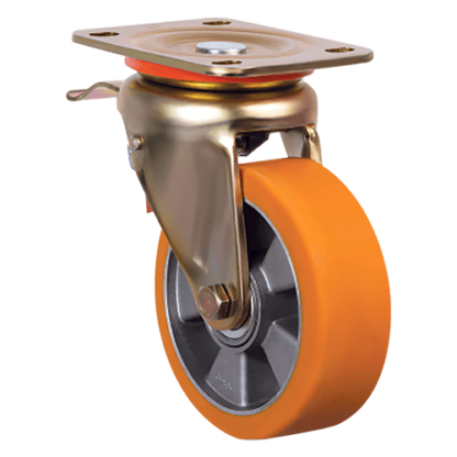 Большегрузное полиуретановое колесо с поворотным кронштейном и тормозом ED01 ABP 150 F