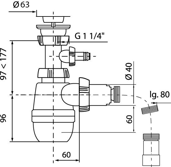 Сифон Wirquin Минор с выпуском 1¼ х 40 мм с отводом для стиральной машины и гофротрубой L800 мм, 40х40/50 (30718052)