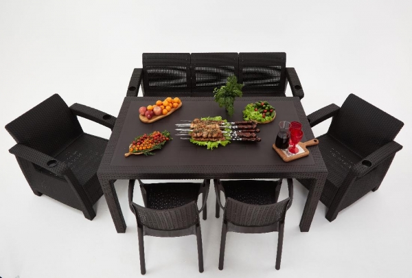 Комплект садовой мебели из ротанга Set 3+1+1+2 стула+обеденный стол 160х95, с комплектом серых подушек