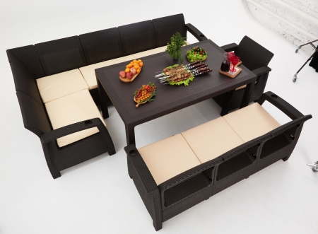 Комплект садовой мебели HomlyGreen 5+3+1+обеденный стол 153х79, с комплектом бежевых подушек