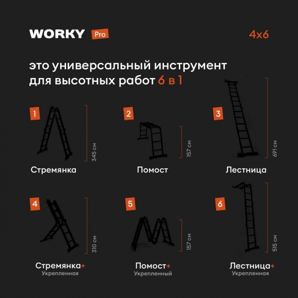 Лестница-стремянка 4x6 трансформер WORKY Pro, высота 7,10м