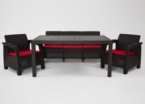 Комплект садовой мебели из ротанга Set 3+1+1+обеденный стол 160х95, с комплектом красных подушек