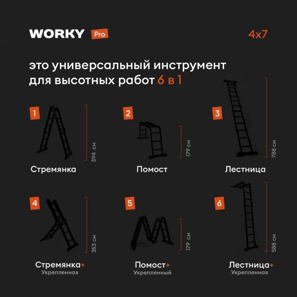 Лестница-стремянка 4x7 трансформер WORKY Pro, высота 8,10м