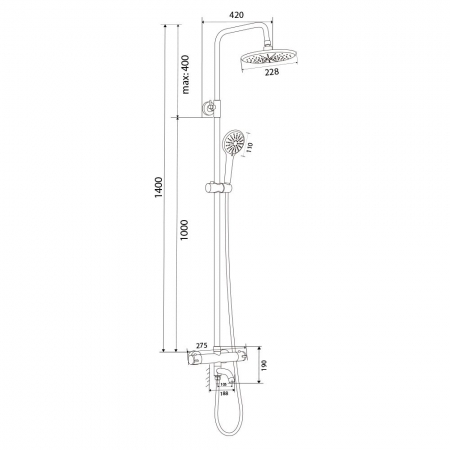 Душевая система OLIVE'S для ванны с верхним душем TERMO (34511TM)/Душевой гарнитур (комплект) в ванную с тропическим душем / Система для душа с лейкой и держателем на штангу