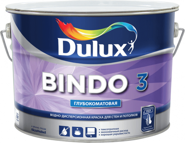 Dulux BINDO 3 краска водно-дисперсионная глубокоматовая для стен и потолка 9л белая