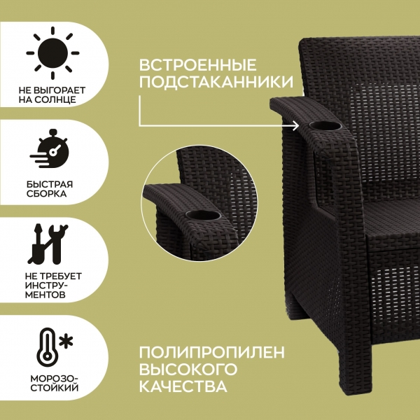 WORKY Комплект садовой мебели: набор кофейный на 2 персоны (2 кресла + кофейный столик), искуственный ротанг, мокко, с серыми подушками ARD258136