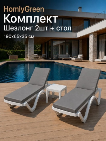 Шезлонг для дачи пластиковый HomlyGreen, 2 штуки в наборе со столиком и матрасами серого цвета. Лежак пляжный, белый.