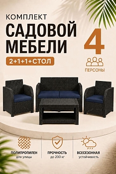 Комплект садовой мебели Дакота 4 ротанг, цвет венге (диван 2-х местный, 2 кресла, стол), с темно-синими подушками