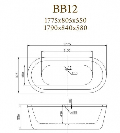BB12-1775 Ванна акриловая BelBagno, 180 х 85 см