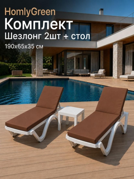 Шезлонг для дачи пластиковый HomlyGreen, 2 штуки в наборе со столиком и матрасами коричневого цвета. Лежак пляжный, белый.