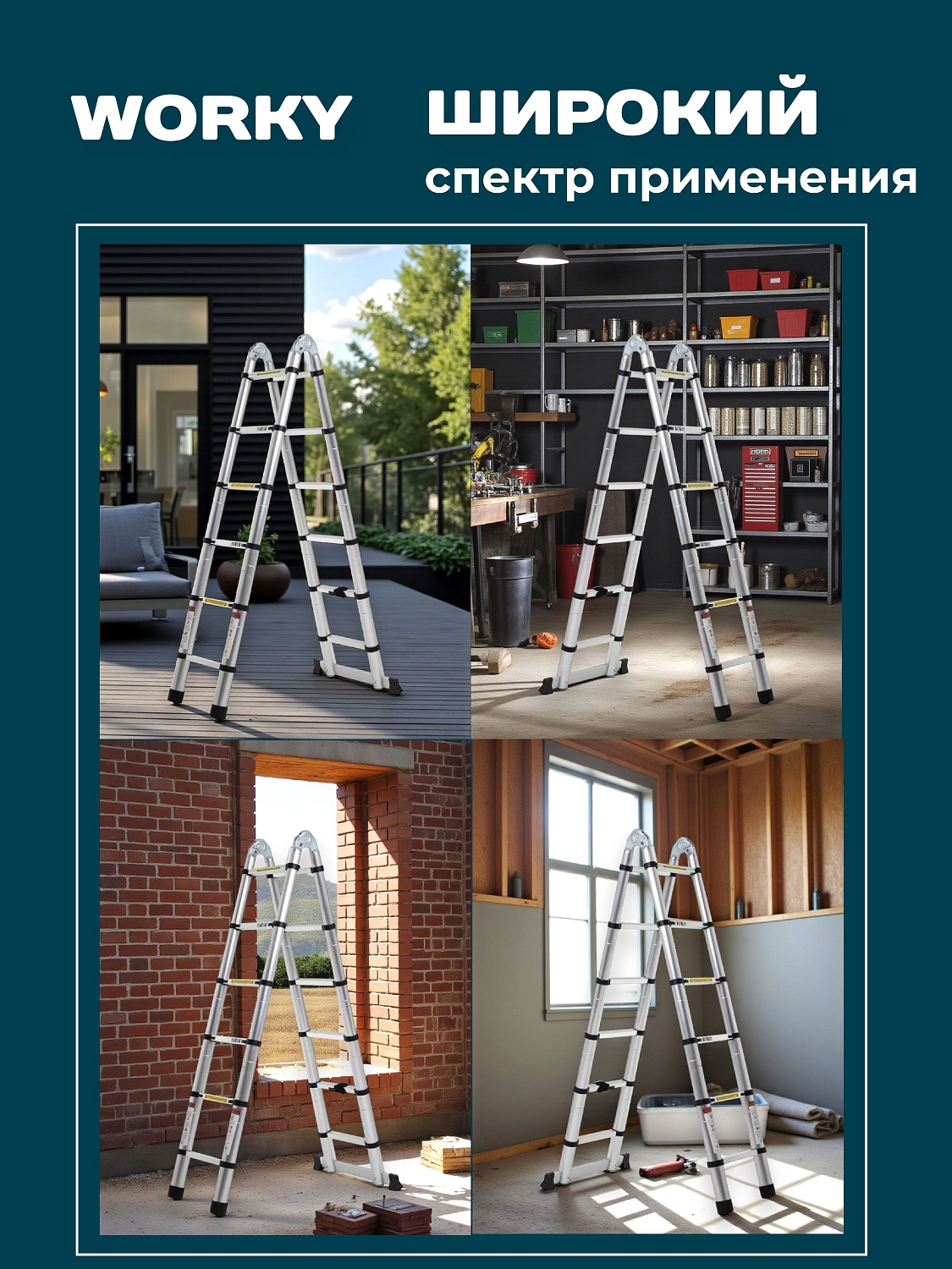 Лестница-стремянка телескопическая WORKY 4,4м/8,8м 11/22 ступеней