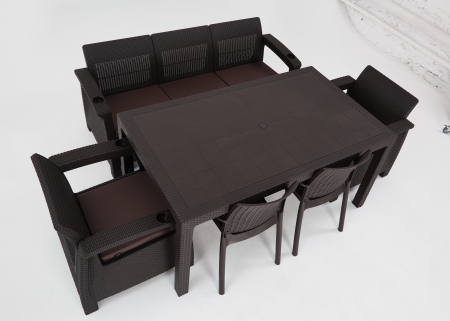 Комплект садовой мебели из ротанга Set 3+1+1+2стула+обеденный стол 160х95, с комплектом красных подушек
