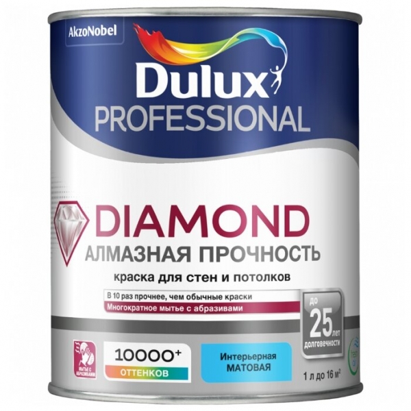 DULUX Professional Diamond Matt акриловая матовая краска для стен и потолка База BC 0,9л