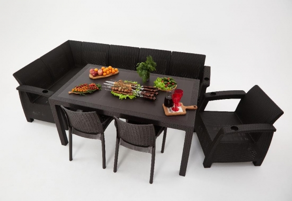 Комплект садовой мебели из ротанга Set 5+1+2 стула+обеденный стол 160х95, с комплектом красных подушек