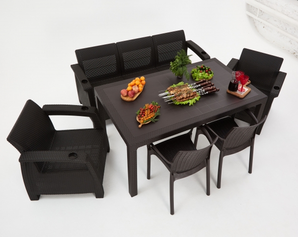 Комплект садовой мебели из ротанга Set 3+1+1+2 стула+обеденный стол 160х95, с комплектом серых подушек