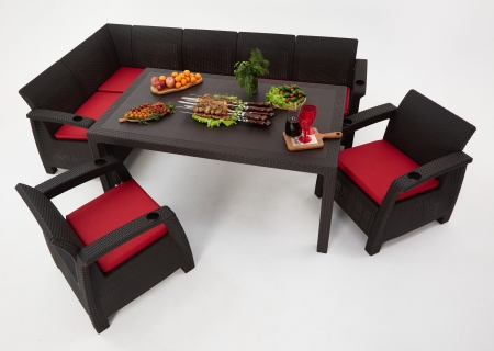 Комплект садовой мебели из ротанга Set 5+1+1+обеденный стол 160х95, с комплектом красных подушек