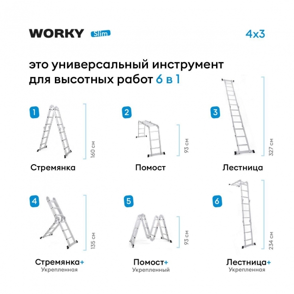 Стремянка-трансформер 6 ступеней WORKY Slim, 6 в 1, высота 1,7м, 4х3, компактная