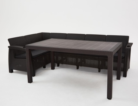 Комплект садовой мебели HomlyGreen Диван угловой и стол обеденный 153х79, мокко (подушки бордового цвета)