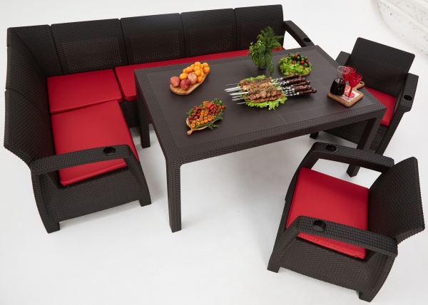 Комплект садовой мебели из ротанга Set 5+1+1+обеденный стол 160х95, с комплектом красных подушек