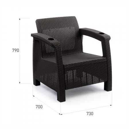 WORKY Комплект садовой мебели кофейный на 2 персоны (2 кресла + кофейный столик), искусственный ротанг, мокко, без подушек ARD258133