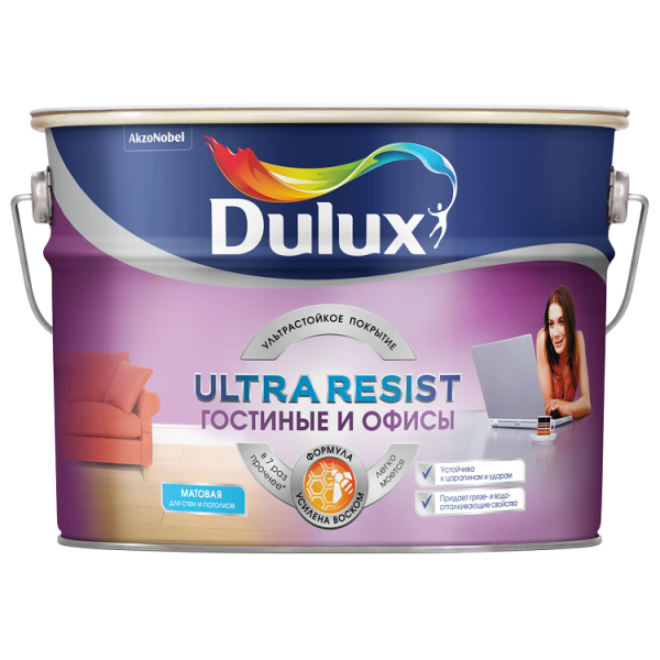 Краска Dulux Ultra Resist для Гостиной и офиса матовая база BC 9л