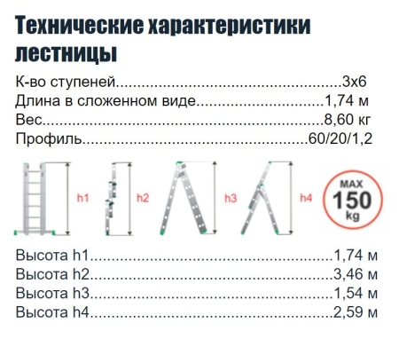 WORKY Лестница универсальная трехсекционная 3х6,  высота 1. 74/ 2. 59/ 3. 46 м ARD255961
