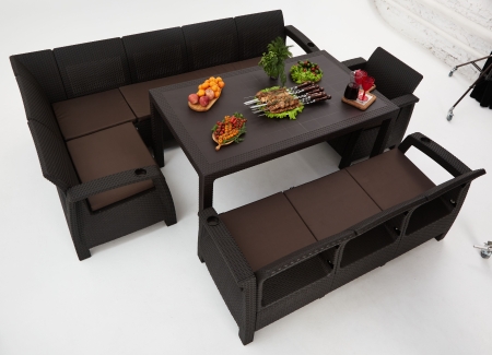 Комплект садовой мебели HomlyGreen Диван угловой и стол обеденный 153х79, мокко (подушки коричневого цвета)