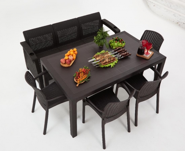 Комплект садовой мебели из ротанга Set 3+4 стула+обеденный стол 160х95, с комплектом красных подушек