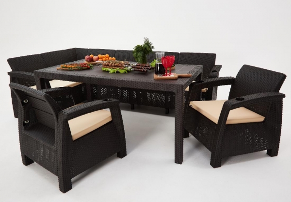 Комплект садовой мебели из ротанга Set 5+1+1+обеденный стол 160х95, с комплектом бежевых подушек
