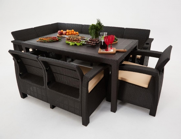 Комплект садовой мебели из ротанга Set 5+2+1+обеденный стол 160х95, с комплектом бордовых подушек