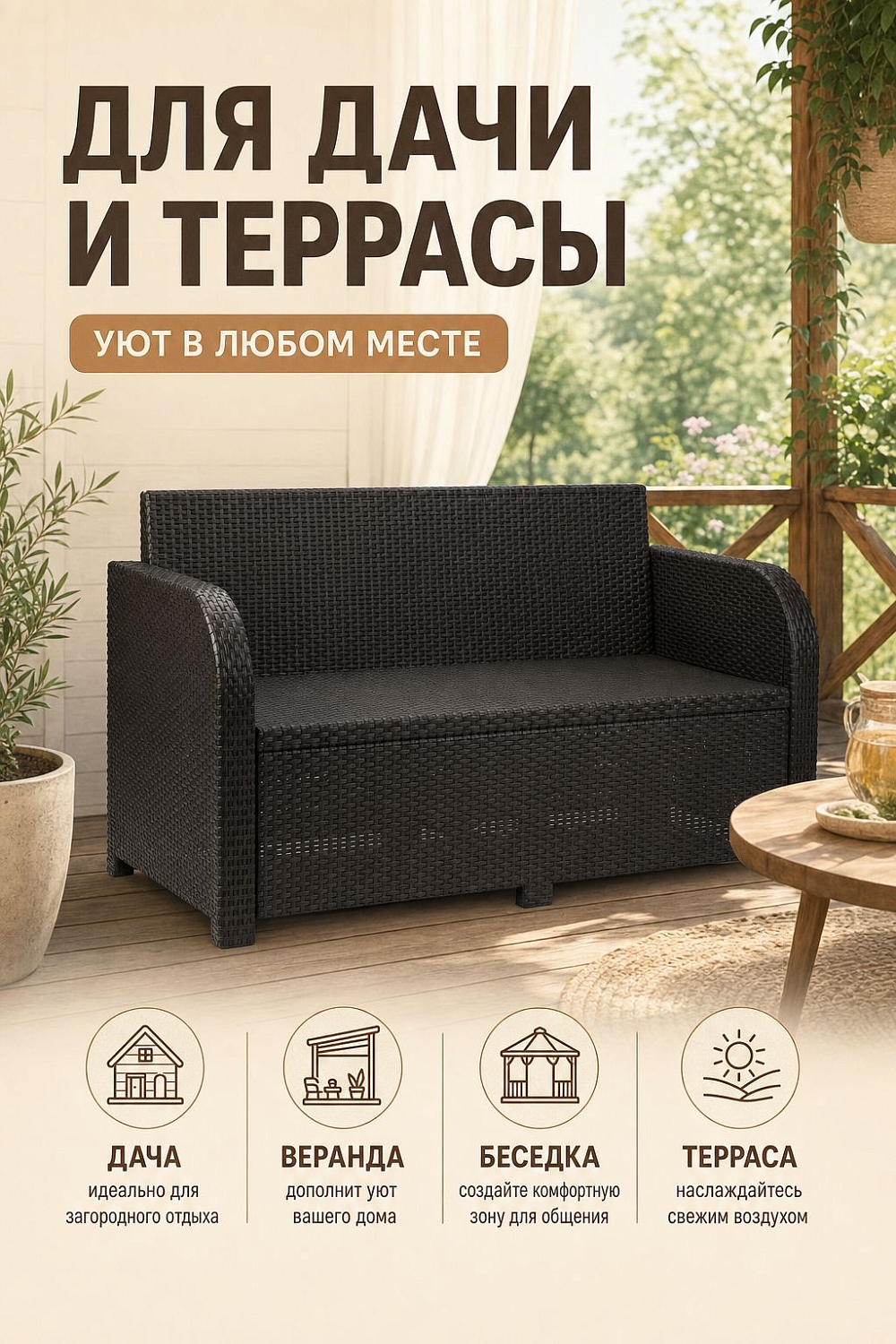 Диван садовый 2-х местный Дакота ротанг, цвет венге, с коричневыми подушками