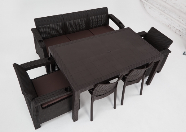 Комплект садовой мебели из ротанга Set 3+1+1+2 стула+обеденный стол 160х95, с комплектом бордовых подушек
