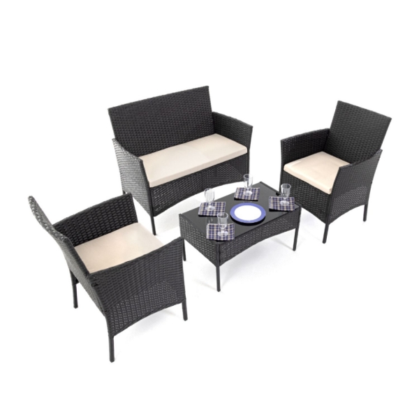 Комплект садовой мебели (диван, 2 кресла, кофейный столик с темной столешницей), искуственный плетеный ротанг, графит с белыми подушками