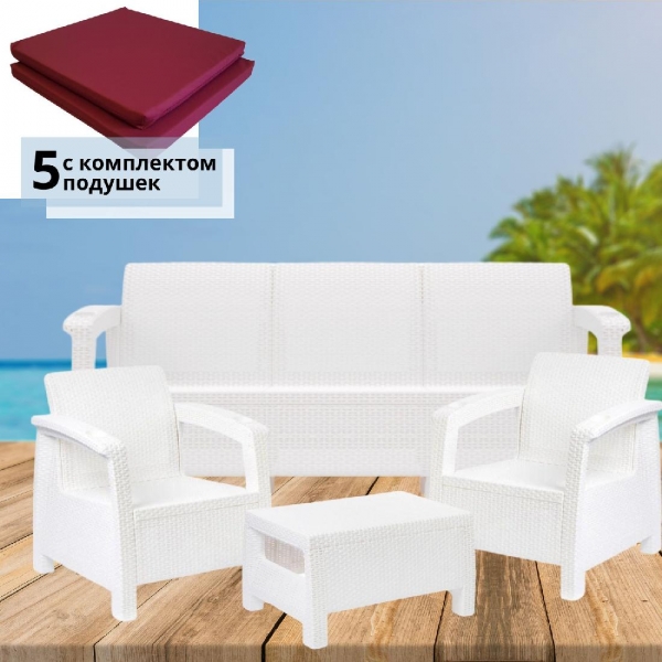 Комплект садовой мебели белый Set 3+1+1+Ct+подушки бордового цвета