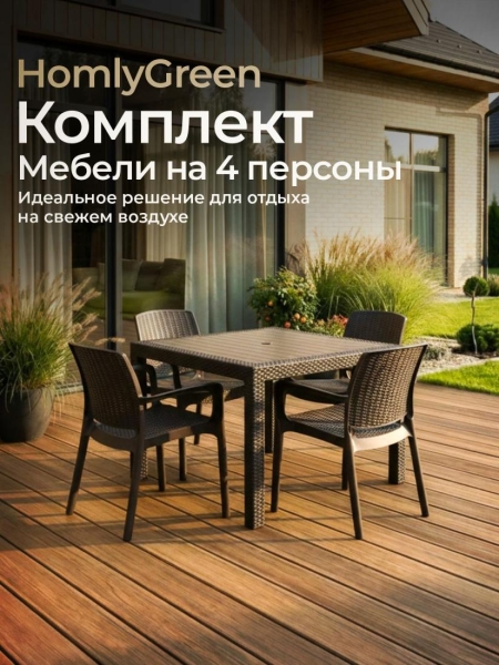 Комплект садовой мебели. Стол обеденный квадратный 94х94, 4 стула, цвет венге, черные подушки
