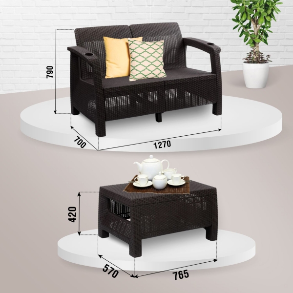 Садовая мебель. Комплект садовой мебели Фазенда-2. Двухместный диван и кофейный столик, искуственный ротанг, мокко, красные подушки