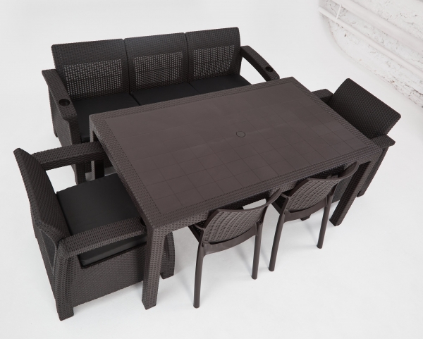 Комплект садовой мебели из ротанга Set 3+1+1+2стула+обеденный стол 160х95, с комплектом бежевых подушек