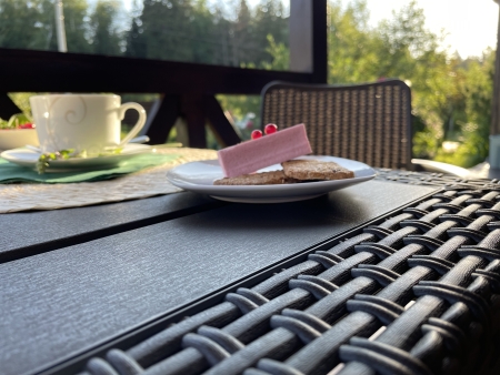 Комплект садовой мебели HomlyGreen Диван угловой и стол обеденный 153х79, мокко (подушки серого цвета)