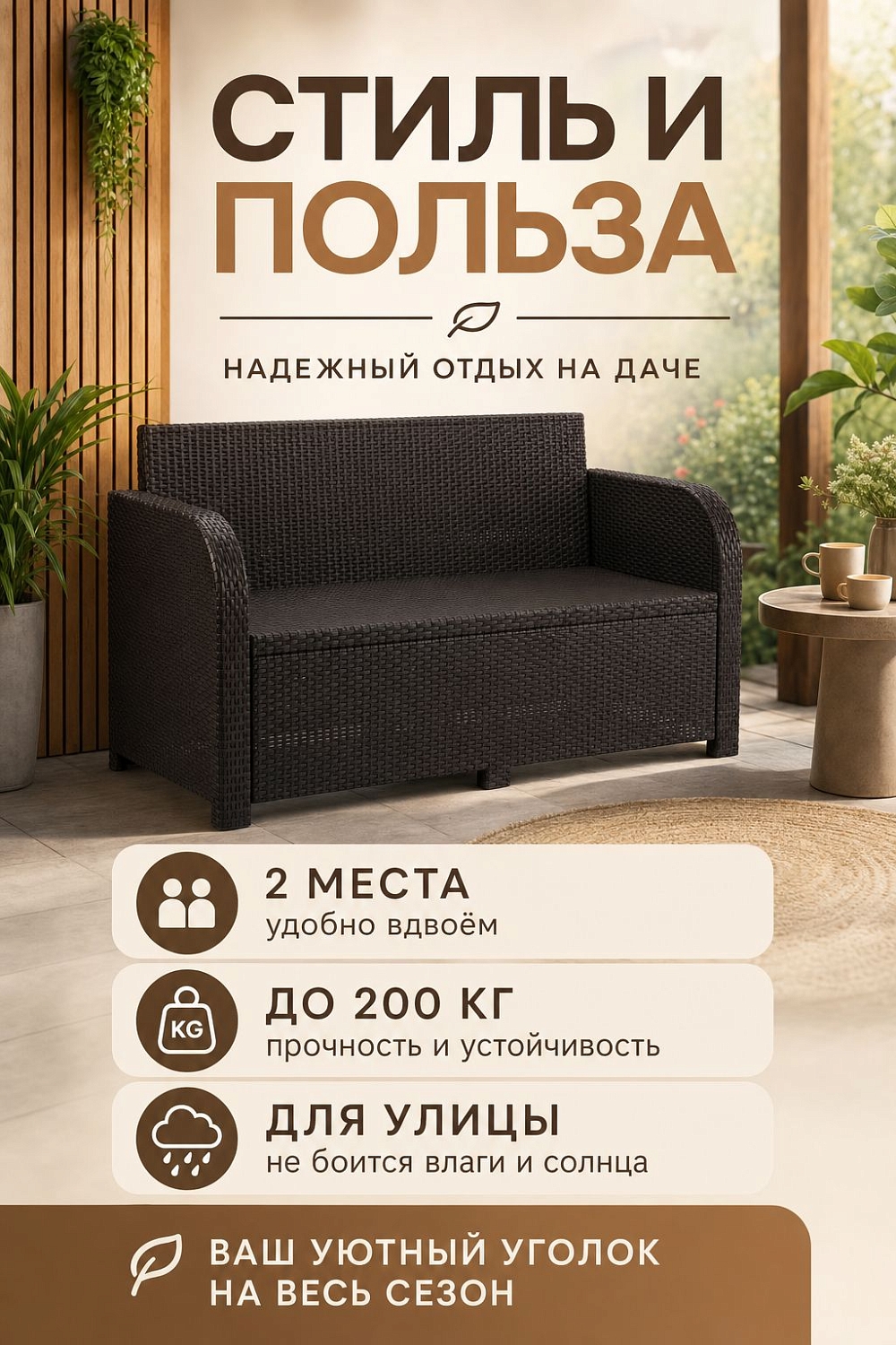 Диван садовый 2-х местный Дакота ротанг, цвет венге, с коричневыми подушками