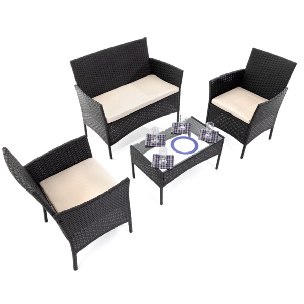 Комплект садовой мебели (диван, 2 кресла, кофейный столик с прозрачной столешницей), искуственный плетеный ротанг, графит с белыми подушками
