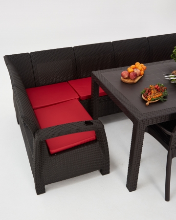 Комплект садовой мебели из ротанга Set 5+3стула+обеденный стол 160х95, с комплектом красных подушек