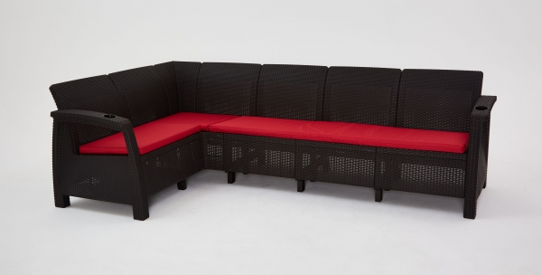 Комплект садовой мебели HomlyGreen Диван угловой и стол обеденный 160х95, мокко (подушки красного цвета)