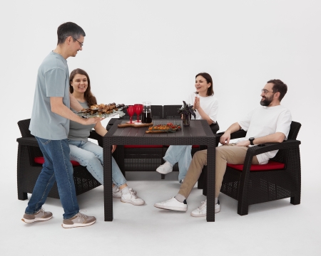 Комплект садовой мебели HomlyGreen 5+2+1+обеденный стол 153х79, с комплектом бордовых подушек ARD260244